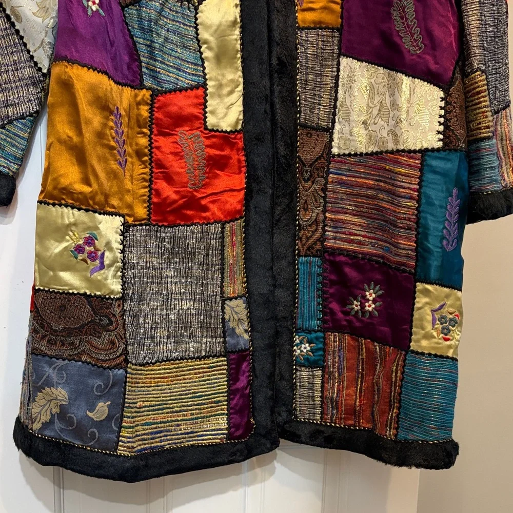 Vibrant Patchwork Vintage Mixed Media Coat - Art to Wear - Picture 10 of 15